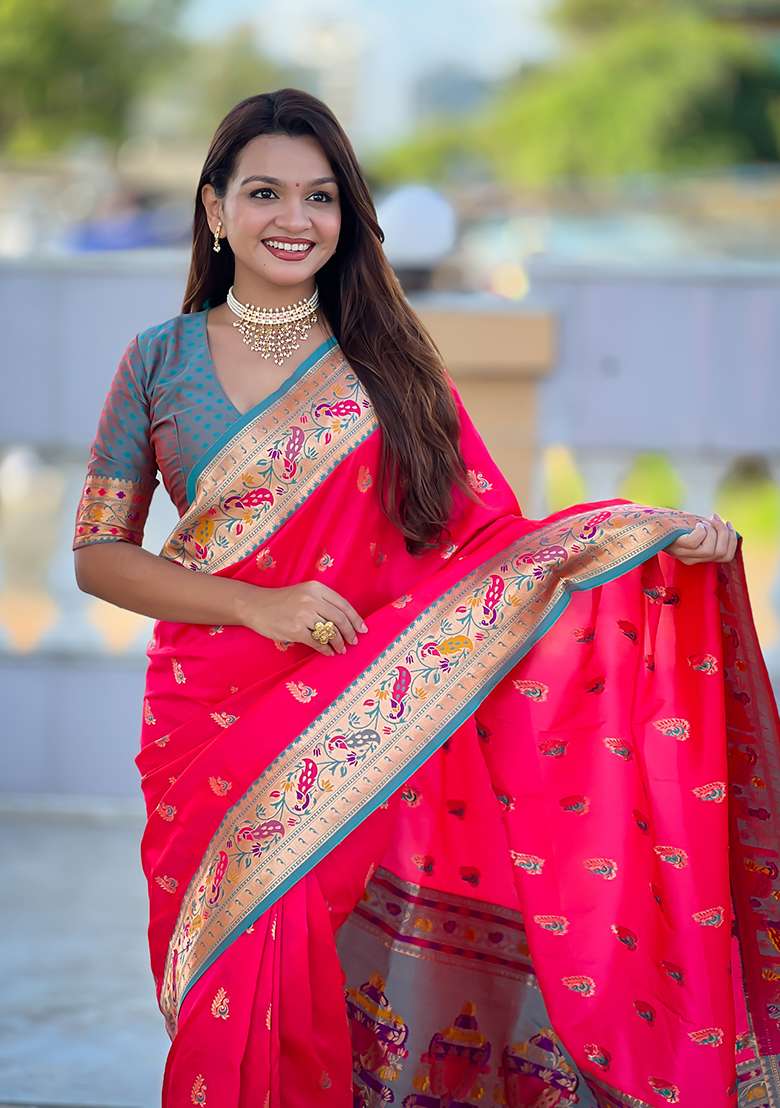 Pink Woven Silk Blend Saree Set for Diwali and Festive Wear - Indya