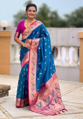 Sky Blue Woven Silk Blend Saree Set