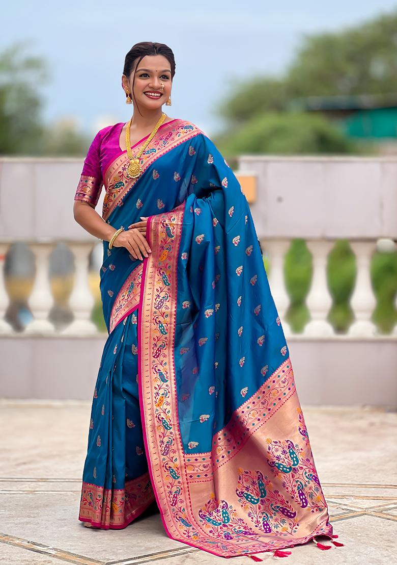 Sky Blue Woven Silk Blend Saree Set - Indya