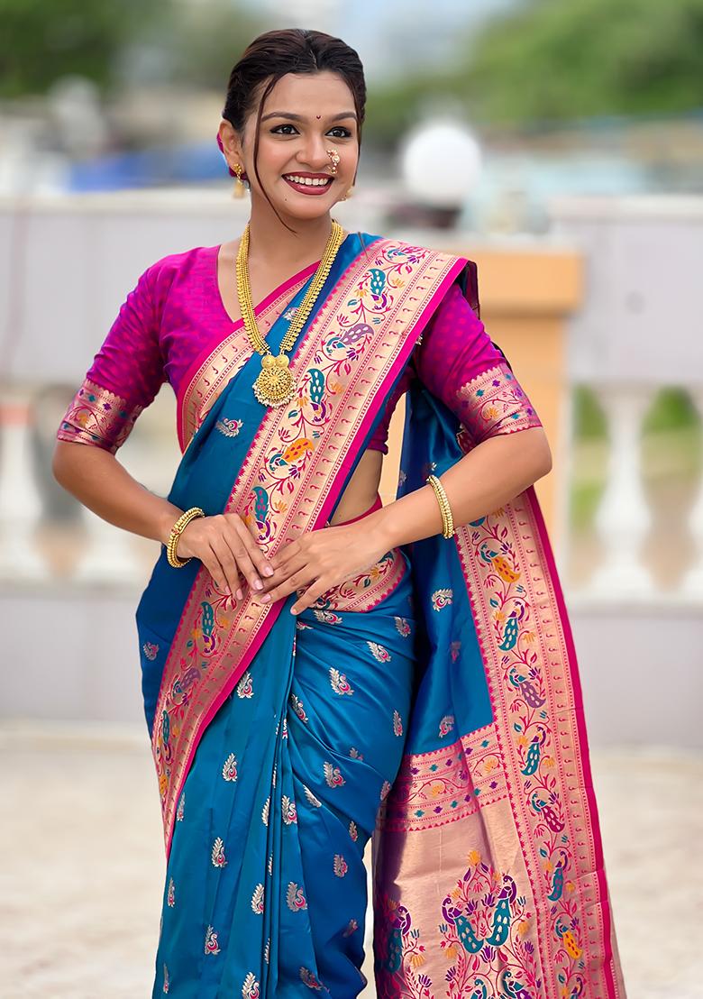 Sky Blue Woven Silk Blend Saree Set - Indya