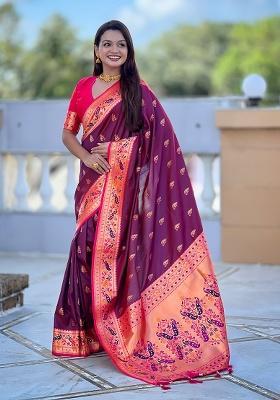 Wine Woven Silk Blend Saree Set