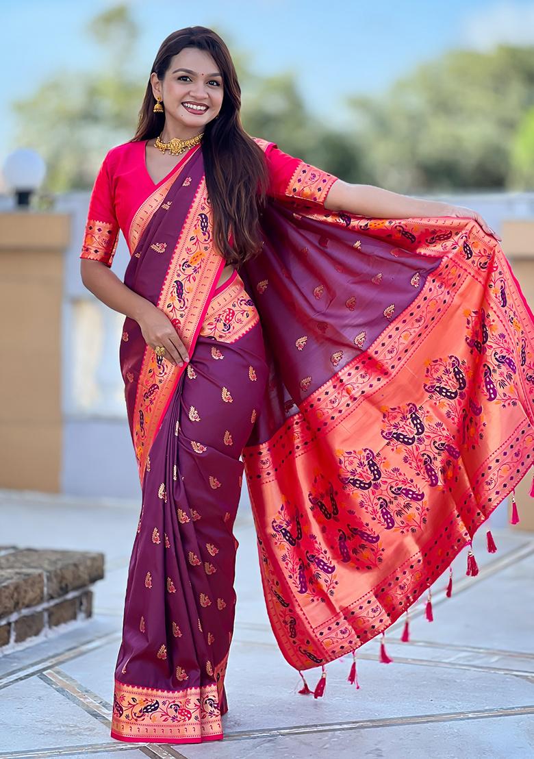 Wine Woven Silk Blend Saree Set - Indya