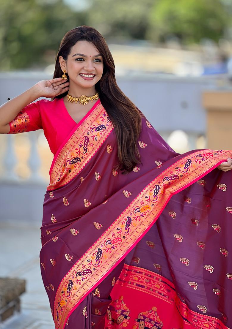Wine Woven Silk Blend Saree Set - Indya