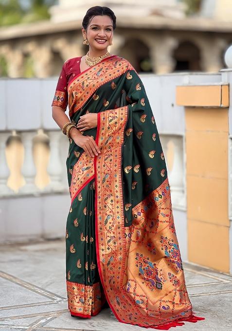 Green Woven Silk Blend Saree Set