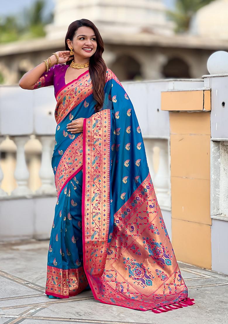 Blue Woven Silk Blend Saree Set - Indya