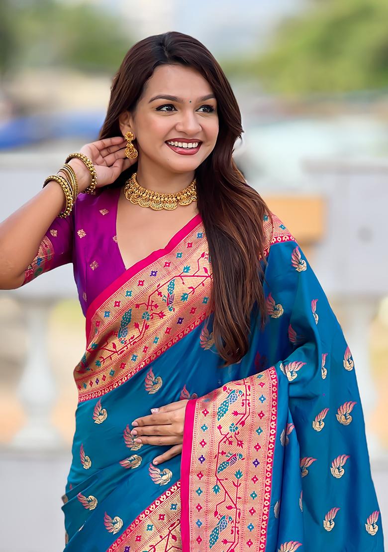 Blue Woven Silk Blend Saree Set - Indya