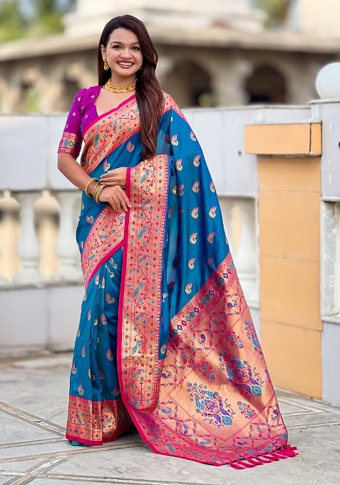 Blue Woven Silk Blend Saree Set
