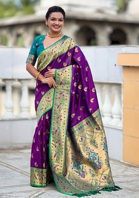 Magenta Woven Silk Blend Saree Set