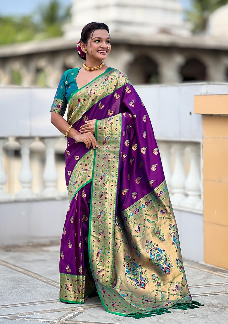 Magenta Woven Silk Blend Saree Set - Indya