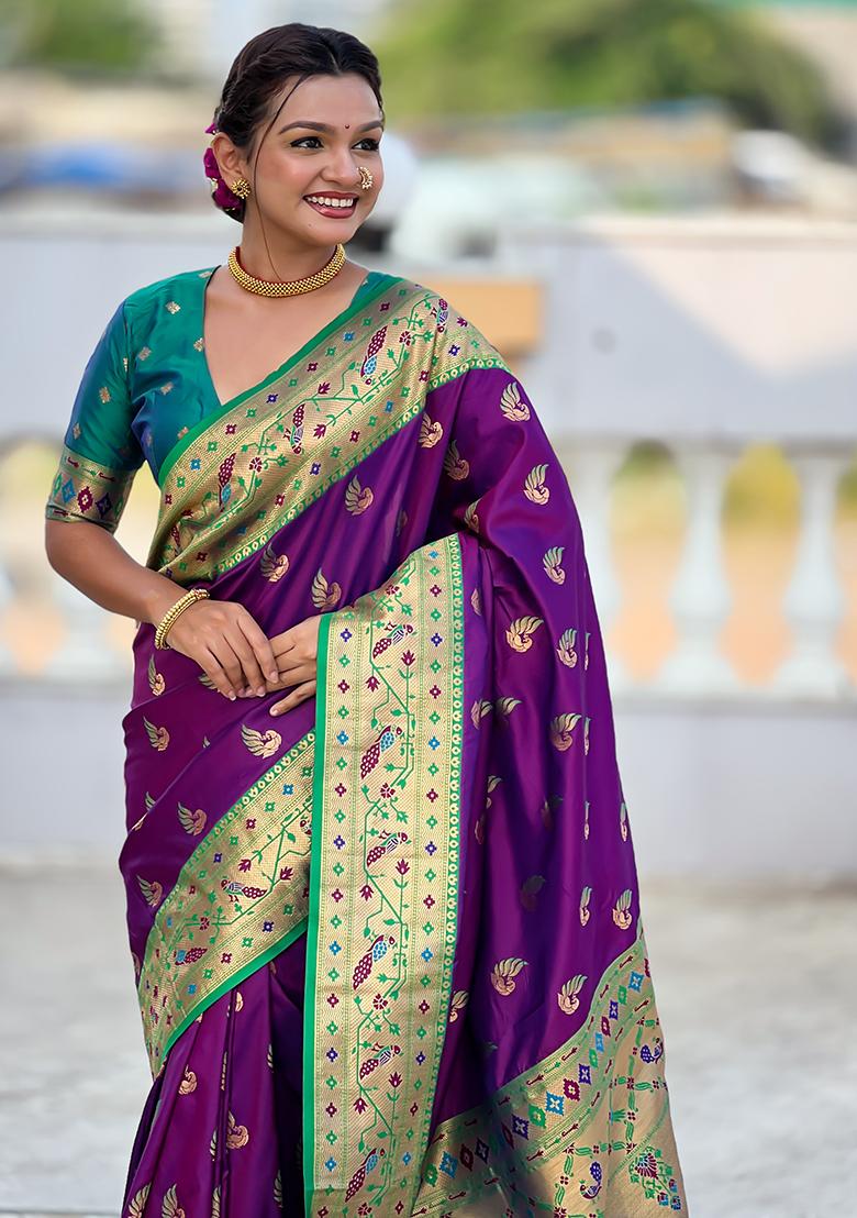 Magenta Woven Silk Blend Saree Set - Indya