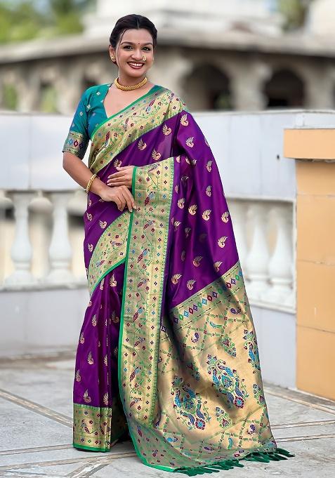 Magenta Woven Silk Blend Saree Set