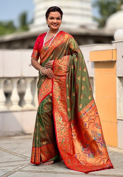 Green Woven Silk Blend Saree Set