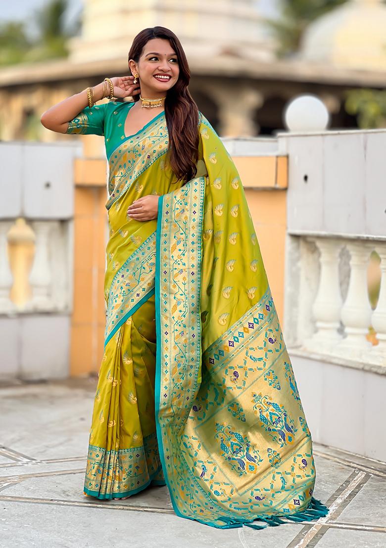 Green Woven Silk Blend Saree Set - Indya