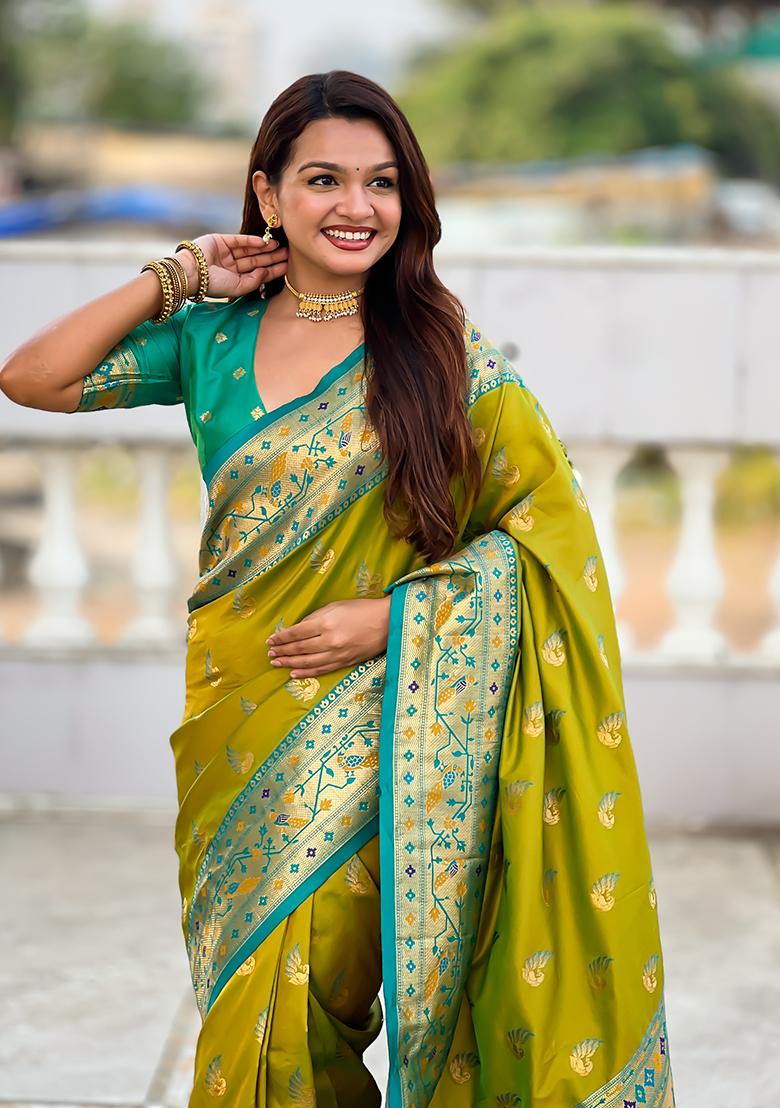 Green Woven Silk Blend Saree Set - Indya
