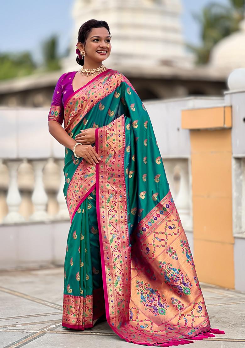 Green Woven Silk Blend Saree Set - Indya