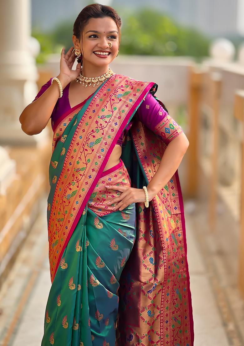 Green Woven Silk Blend Saree Set - Indya