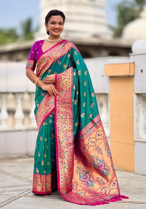 Green Woven Silk Blend Saree Set