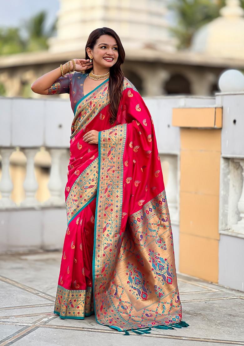 Pink Woven Silk Blend Saree Set - Indya