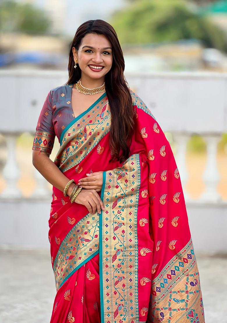 Pink Woven Silk Blend Saree Set - Indya