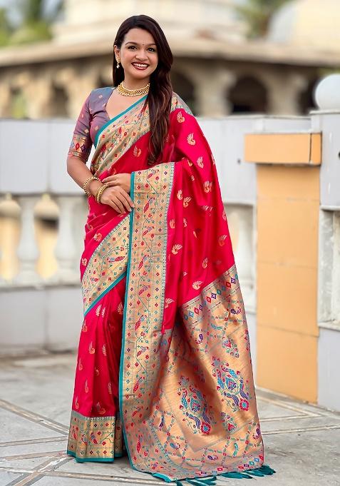 Pink Woven Silk Blend Saree Set