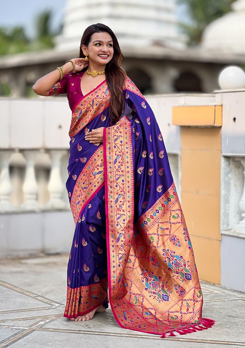 Violet Woven Silk Blend Saree Set - Indya