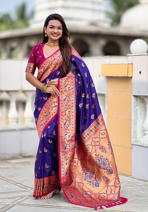 Violet Woven Silk Blend Saree Set