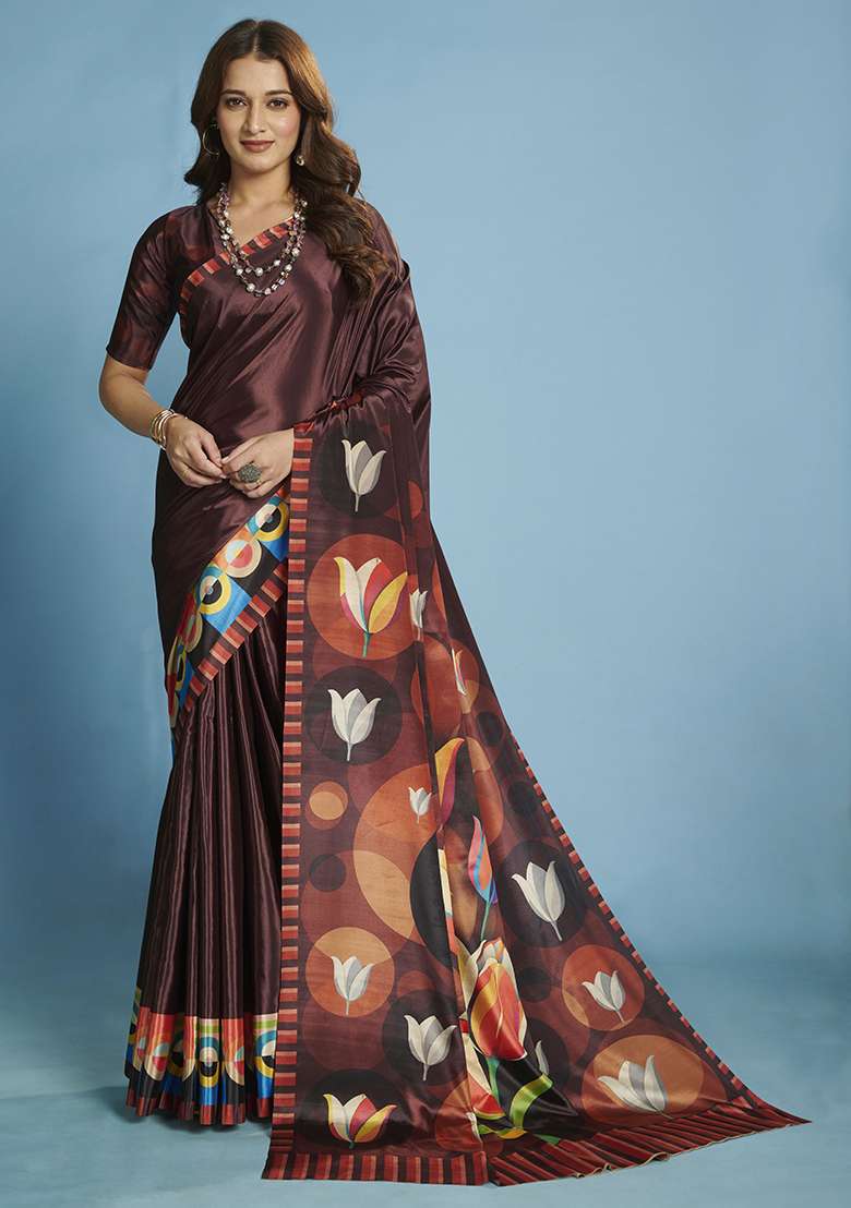 Wine Crepe Saree Set with Printed for Diwali | Wedding & Festive Wear - Indya