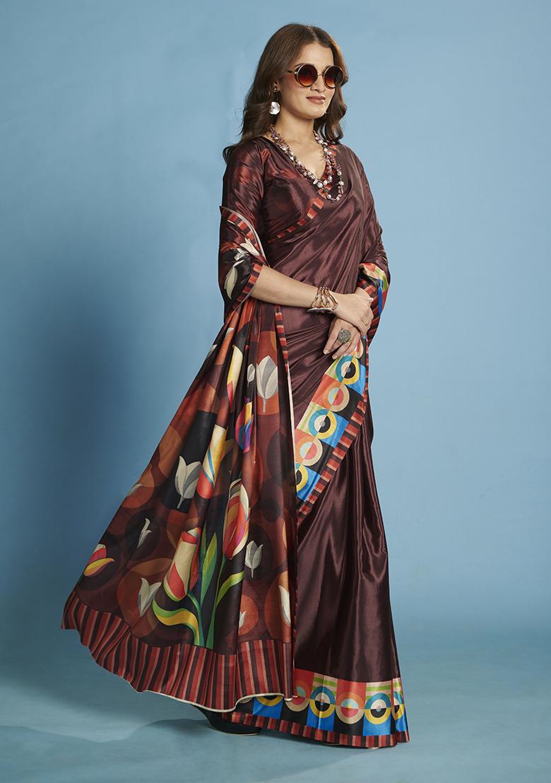 Wine Printed Crepe Saree Set - Indya