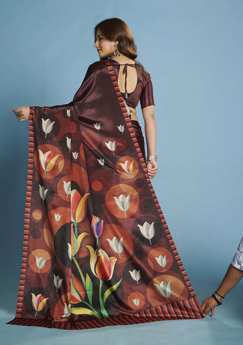 Wine Crepe Saree Set with Printed for Diwali | Wedding & Festive Wear - Indya
