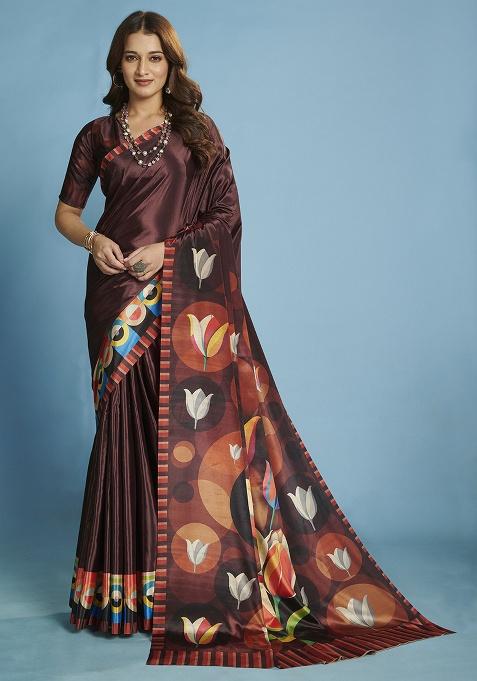 Wine Printed Crepe Saree Set