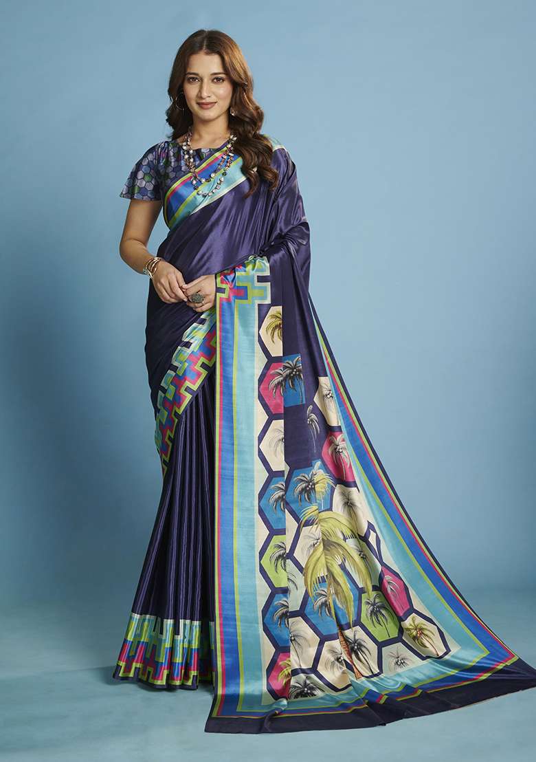 Blue Printed Crepe Saree Set for Diwali and Festive Wear - Indya