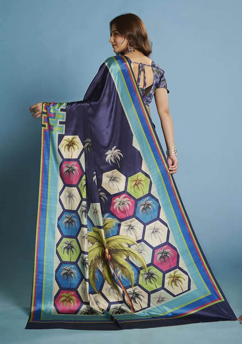 Blue Printed Crepe Saree Set for Diwali and Festive Wear - Indya