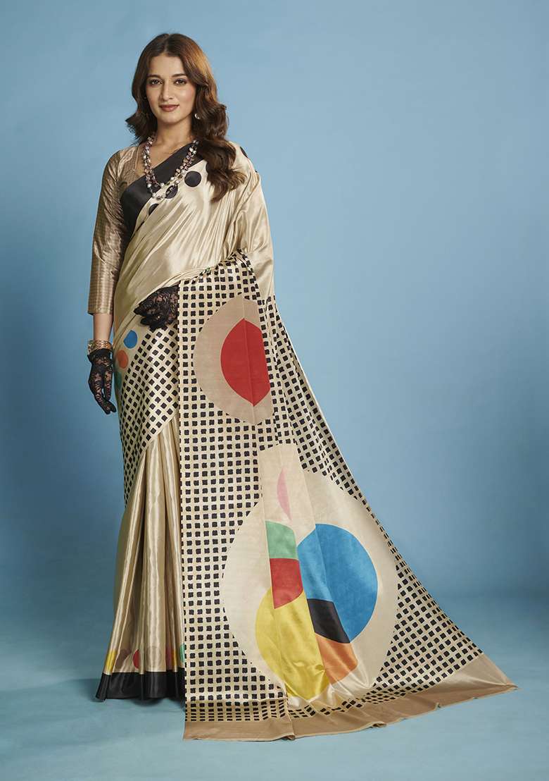 Grey Printed Crepe Saree Set for Diwali and Festive Wear - Indya