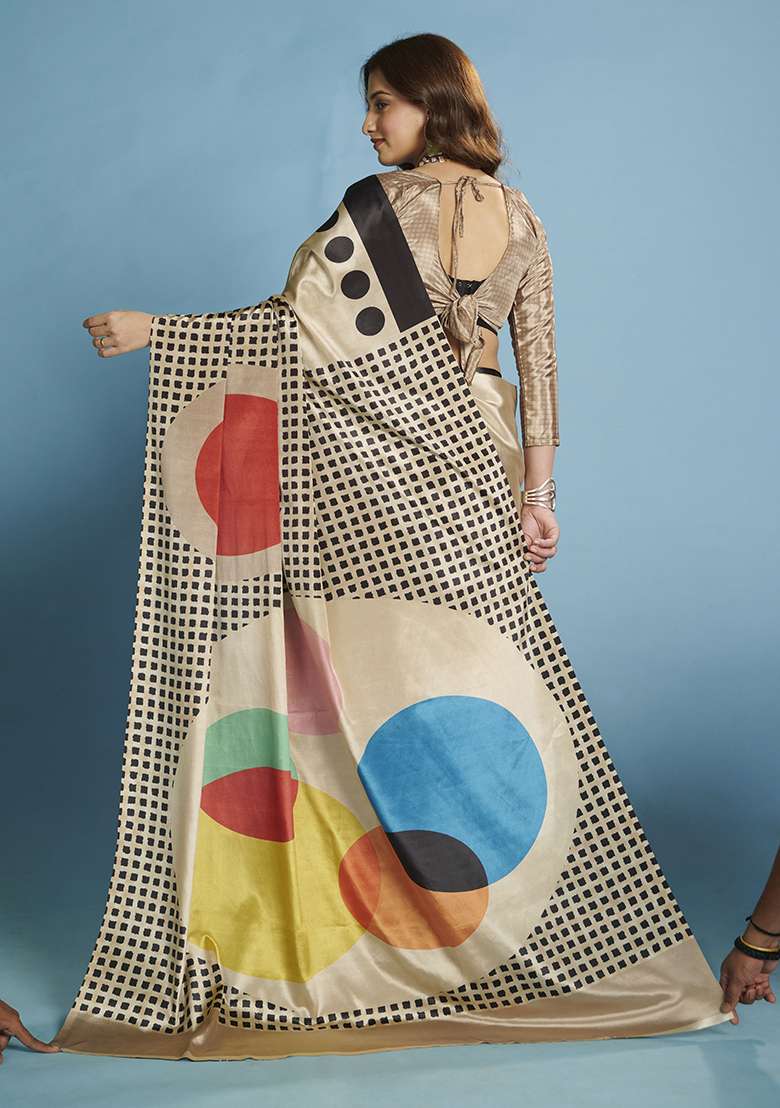 Grey Printed Crepe Saree Set for Diwali and Festive Wear - Indya
