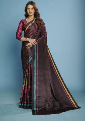 Purple Printed Crepe Saree Set