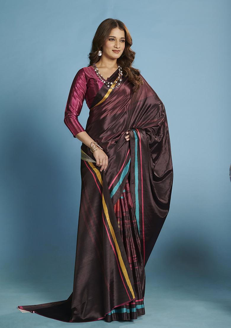 Purple Printed Crepe Saree Set - Indya