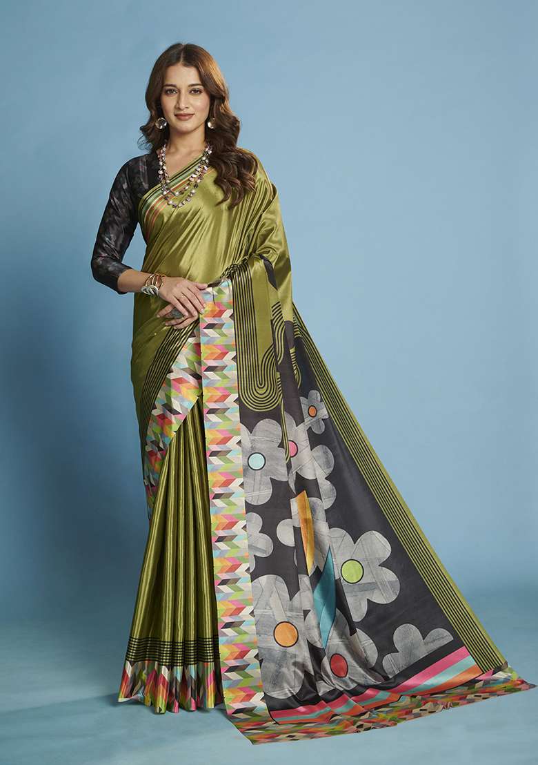 Green Printed Crepe Saree Set for Diwali and Festive Wear - Indya