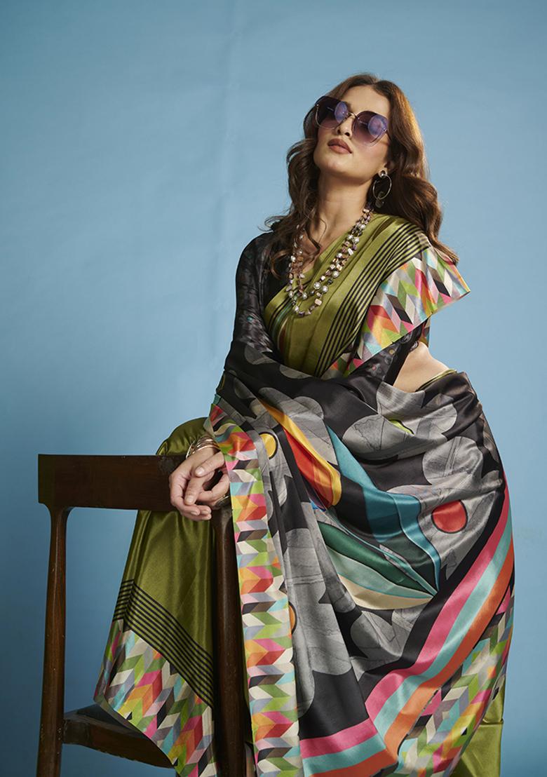 Green Printed Crepe Saree Set - Indya