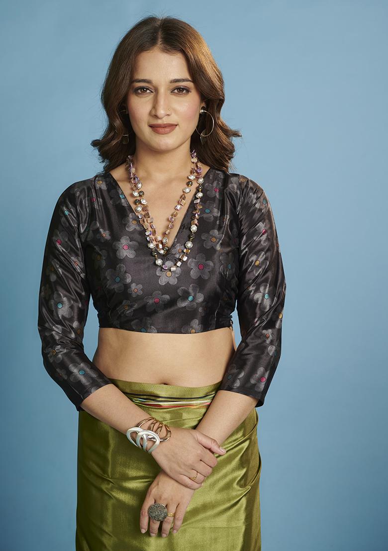 Green Printed Crepe Saree Set - Indya