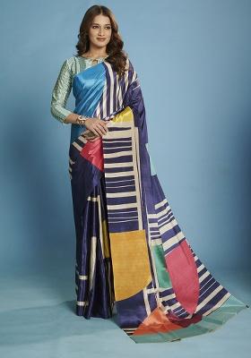 Blue Printed Crepe Saree Set