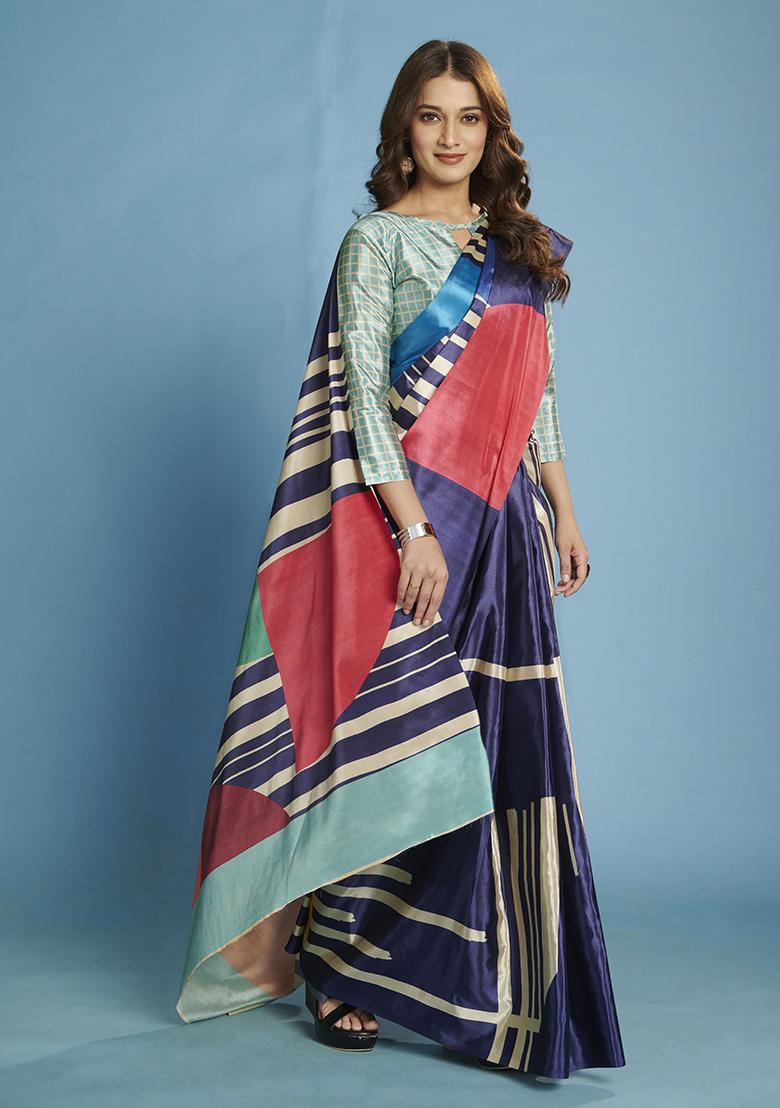 Blue Printed Crepe Saree Set - Indya