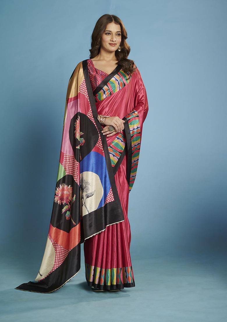 Pink Printed Crepe Saree Set - Indya