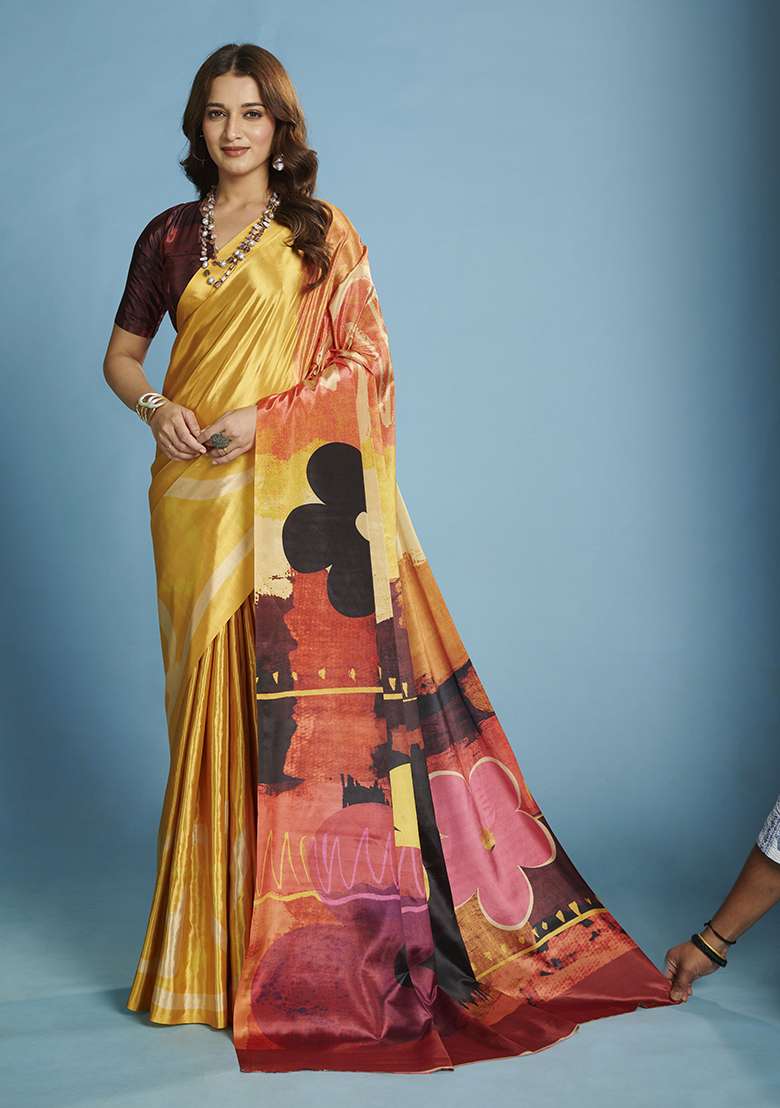 Yellow Printed Crepe Saree Set for Diwali and Festive Wear - Indya