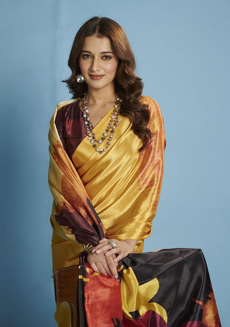 Yellow Printed Crepe Saree Set - Indya