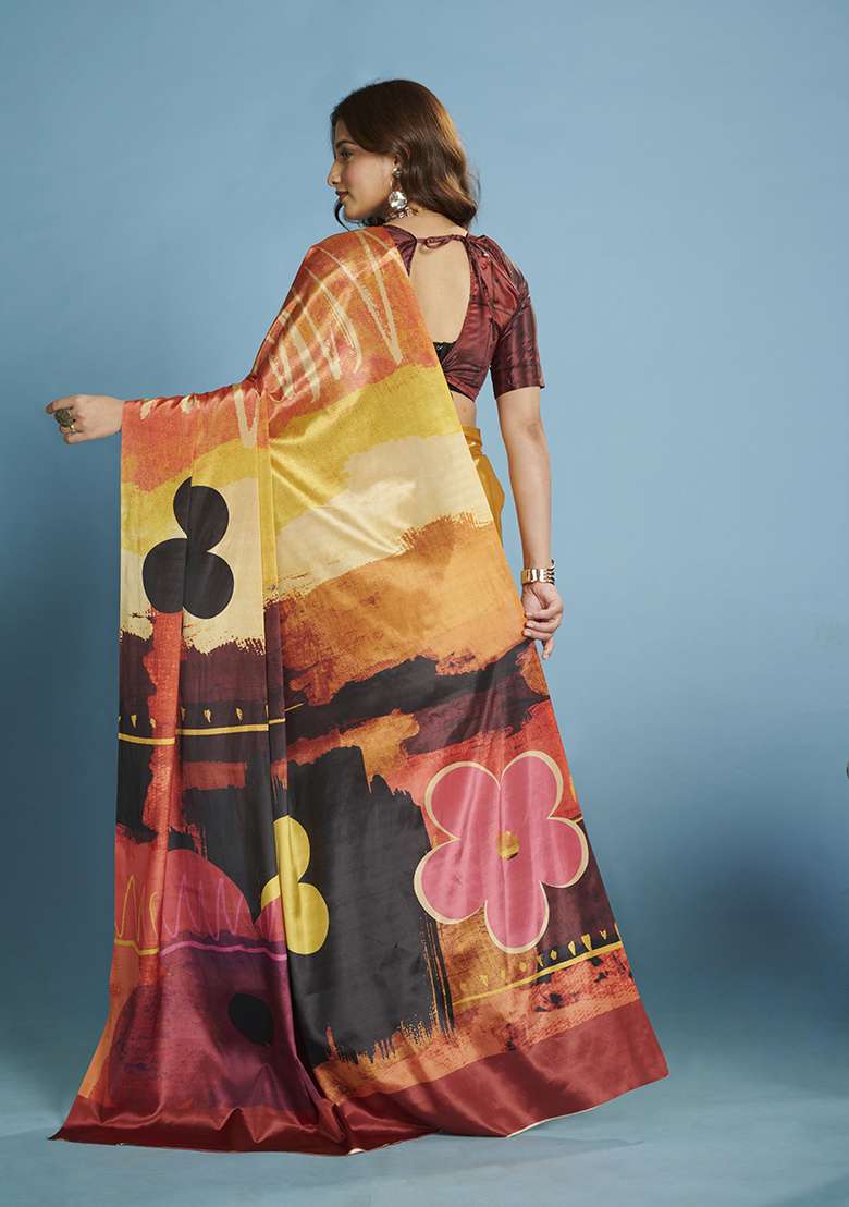 Yellow Printed Crepe Saree Set for Diwali and Festive Wear - Indya