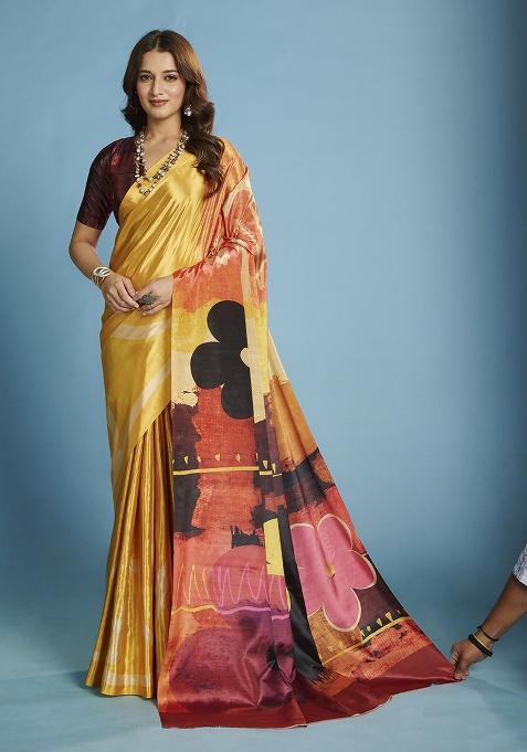 Yellow Printed Crepe Saree Set