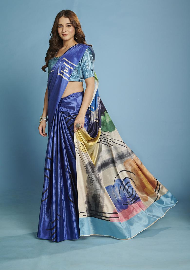 Blue Printed Crepe Saree Set - Indya