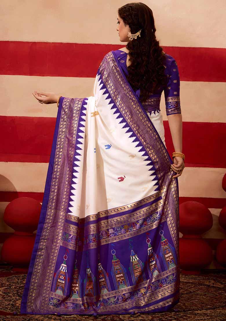 Purple Printed Silk Blend Saree Set - Indya