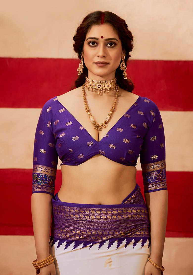 Purple Printed Silk Blend Saree Set - Indya