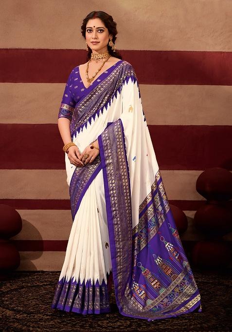 Purple Printed Silk Blend Saree Set